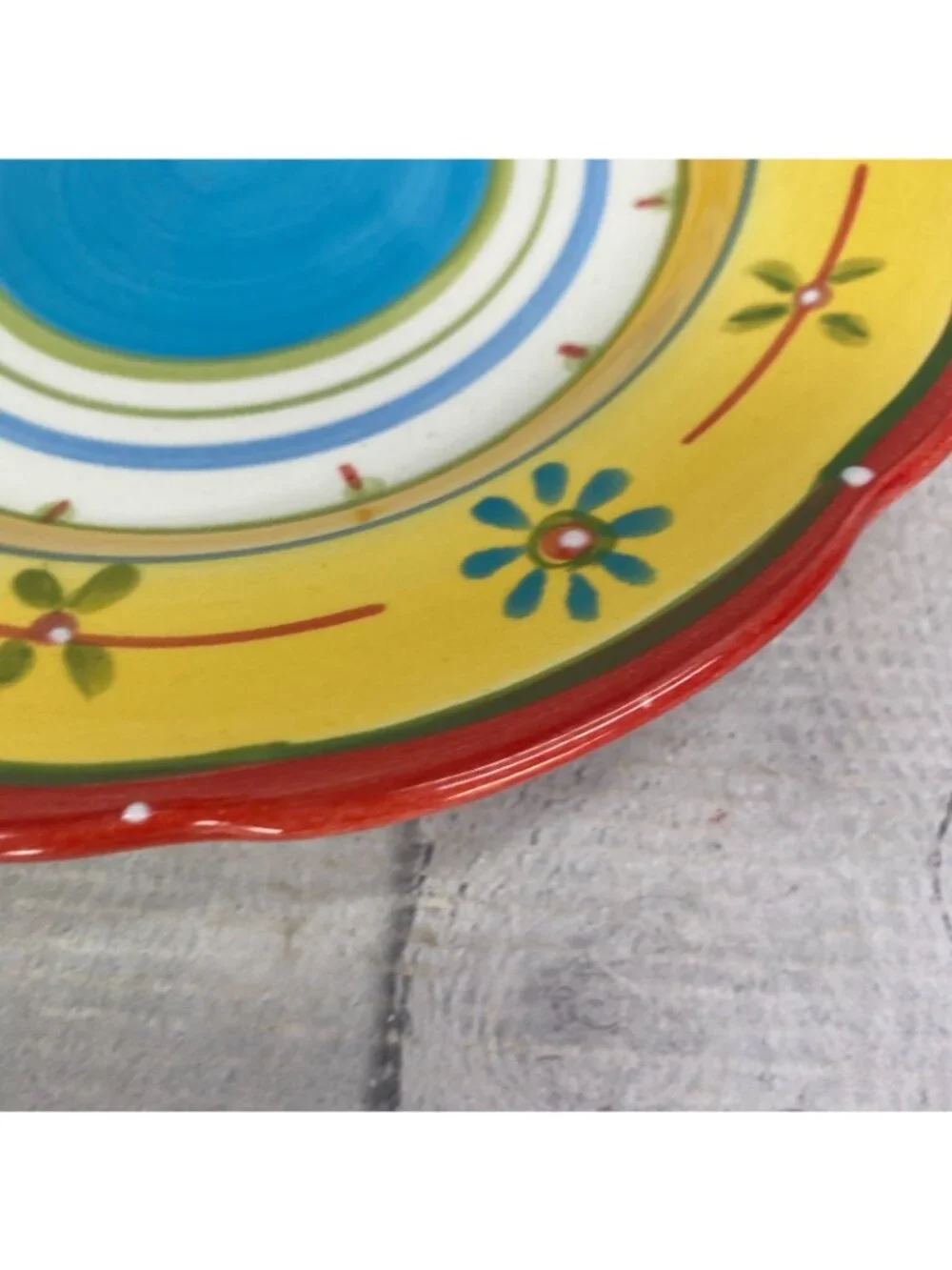 Culinary Arts PETIT JARDIN Yellow Blue Flower Scallop Ceramic Salad Plate Set 4